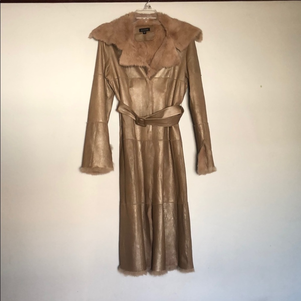 Bebe rabbit fur lined leather trench coat